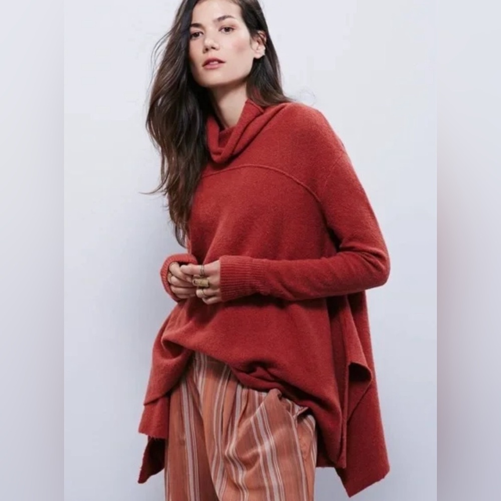 Free People Drape Turtleneck Tunic Sunset Orange Sweater M